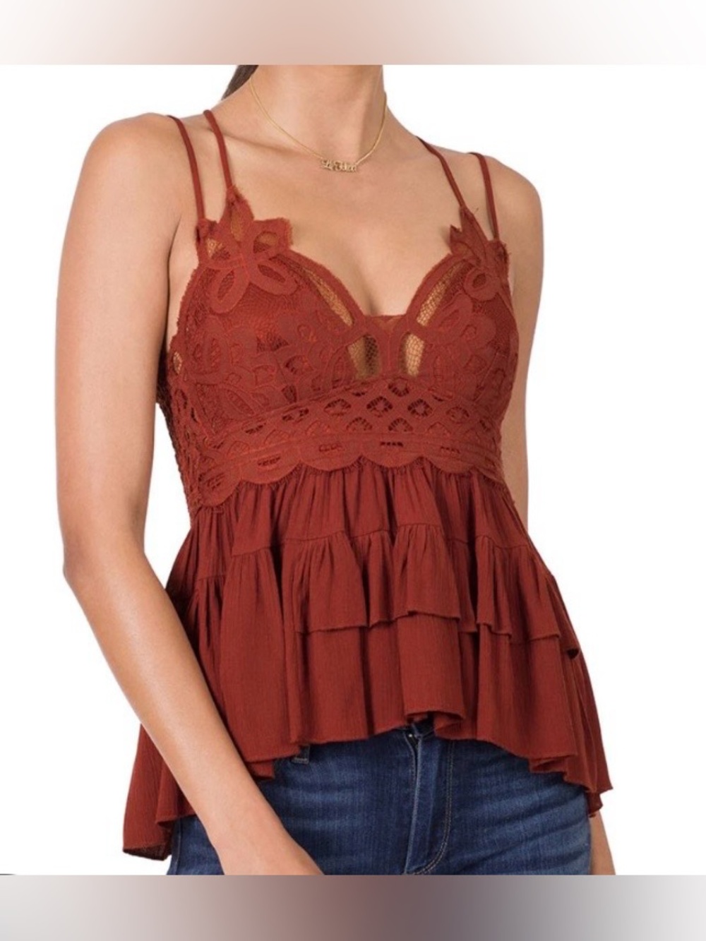Zenana Boho Fairy Adella Cami Lace Peplum Brick Red Small- Large